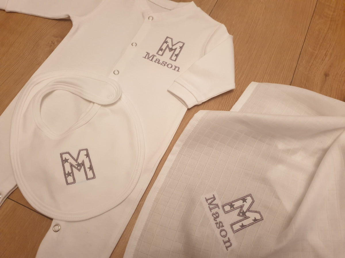 Single Initial And Name 3 Piece Set Cry Baby Bunting Embroidery