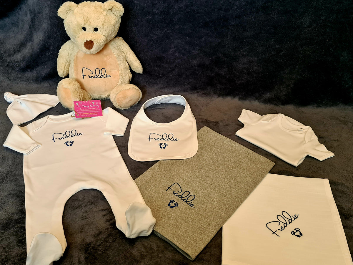 Deluxe Personalised New Baby Signature Hamper Cry Baby Bunting Embroidery
