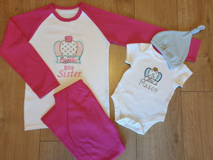 BIG Sister, LIL Bro matching Set with Personalisation And Crown Design