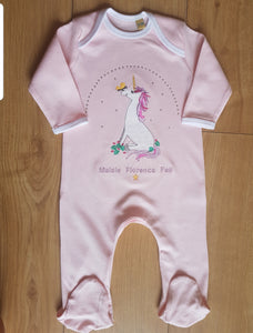 Gorgeous Personalised Sitting Unicorn Design Baby Girls Sleep Suit