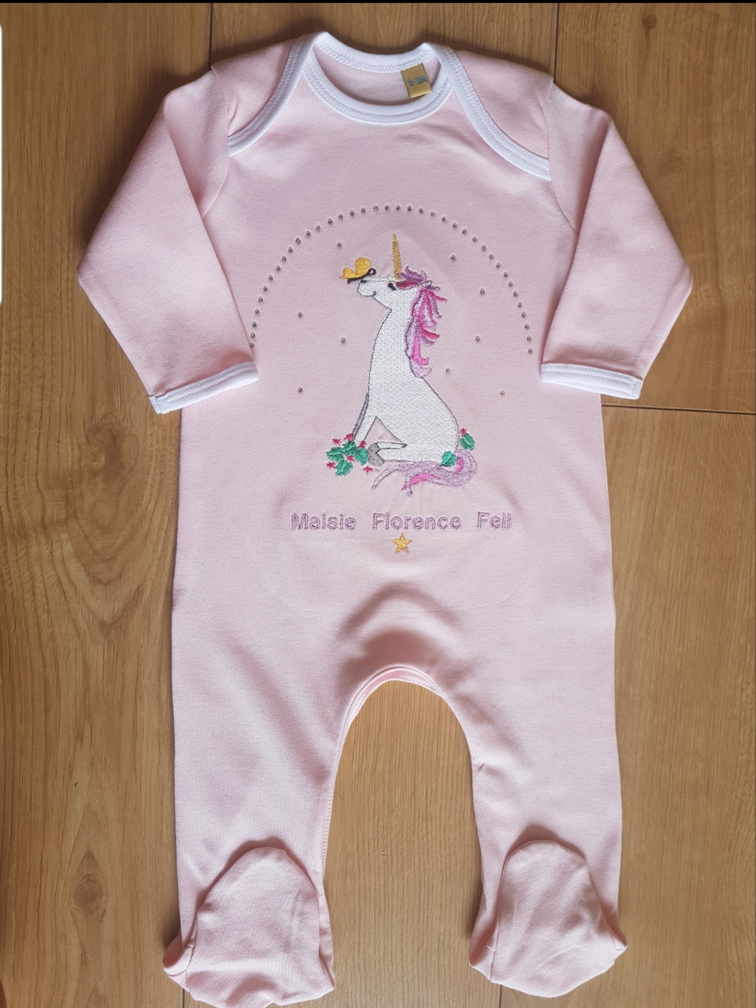 Gorgeous Personalised Sitting Unicorn Design Baby Girls Sleep Suit