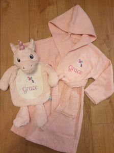 Personalised Dressing Gown and Unicorn Hot Water Bottle Set with Sparkles