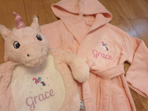 Personalised Dressing Gown and Unicorn Hot Water Bottle Set with Sparkles