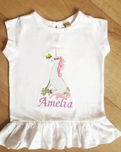 Load image into Gallery viewer, Baby Girl / Toddler Frilly Tee With Sitting Unicorn Design