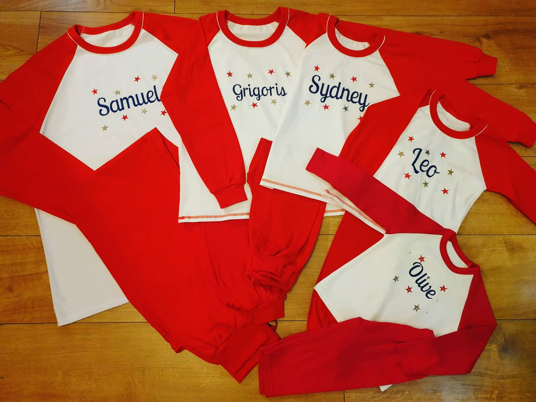 Family Christmas Pyjamas with name and star detailing. Range available from 0 to Adult XXL